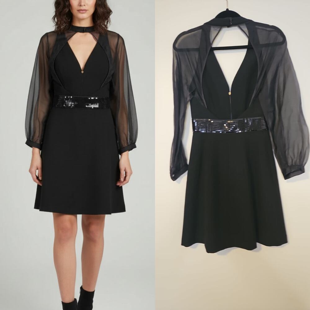 Emporio Armani Black Sheer Sleeve Deep V-Neck Dress